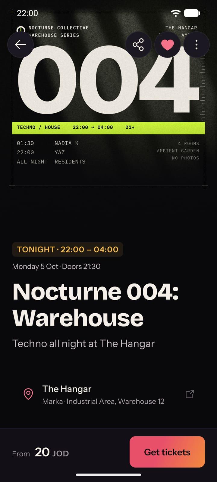 An event page in the Layali app: Nocturne 004: Warehouse at The Hangar, tonight from 22:00, from 20 JOD, with a Get tickets button.