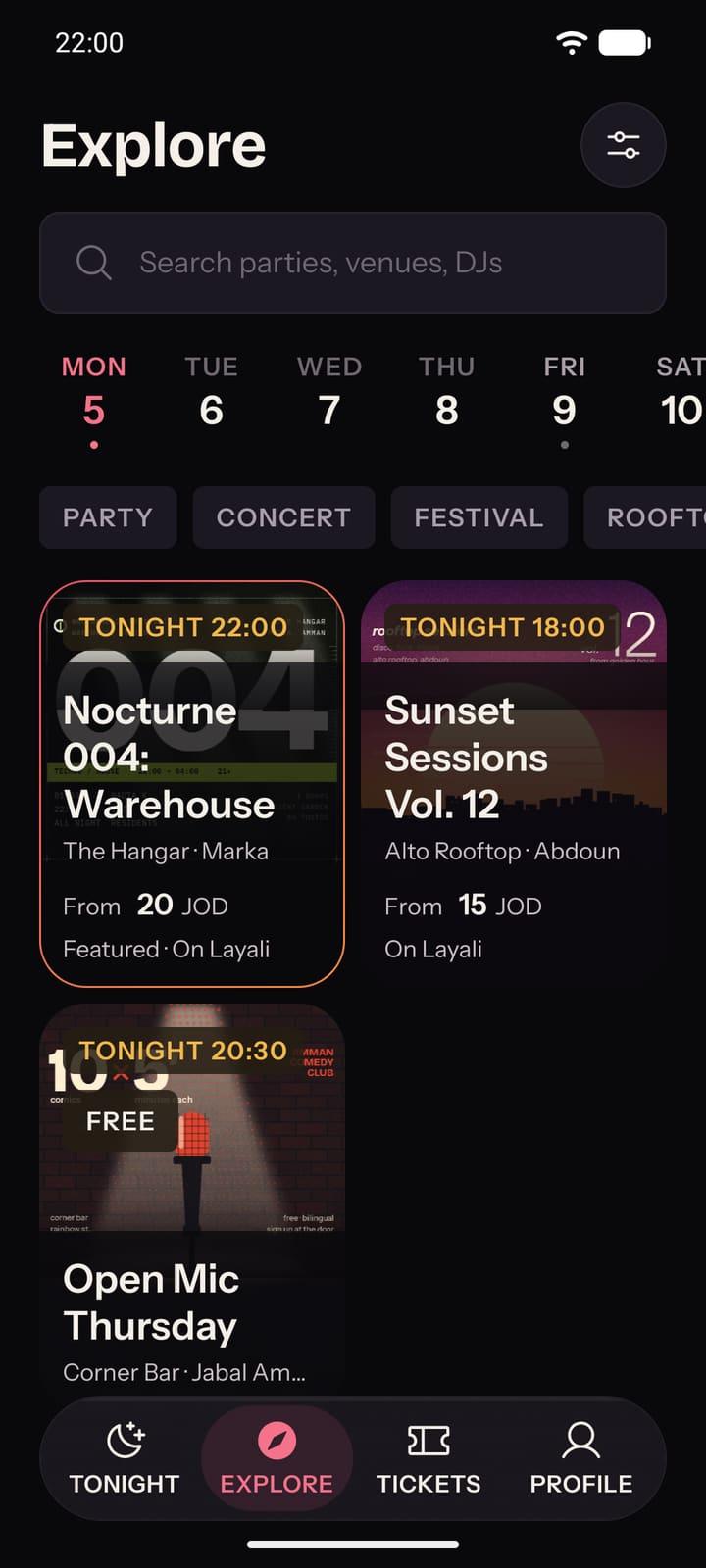 The Explore screen in the Layali app: search, the next seven days and a grid of tonight's events.