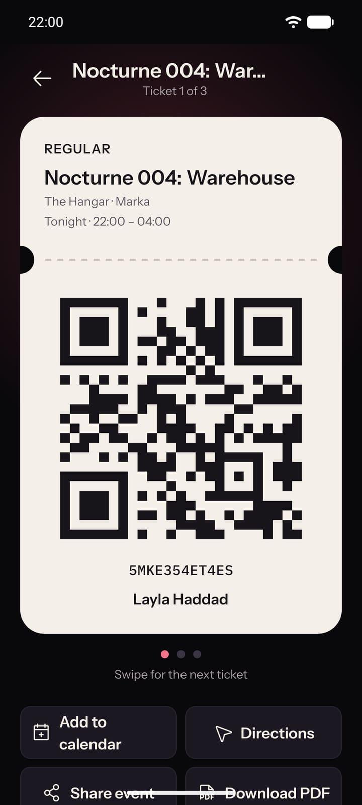A ticket in the Layali app: the event, the time and the QR code that gets scanned at the door.