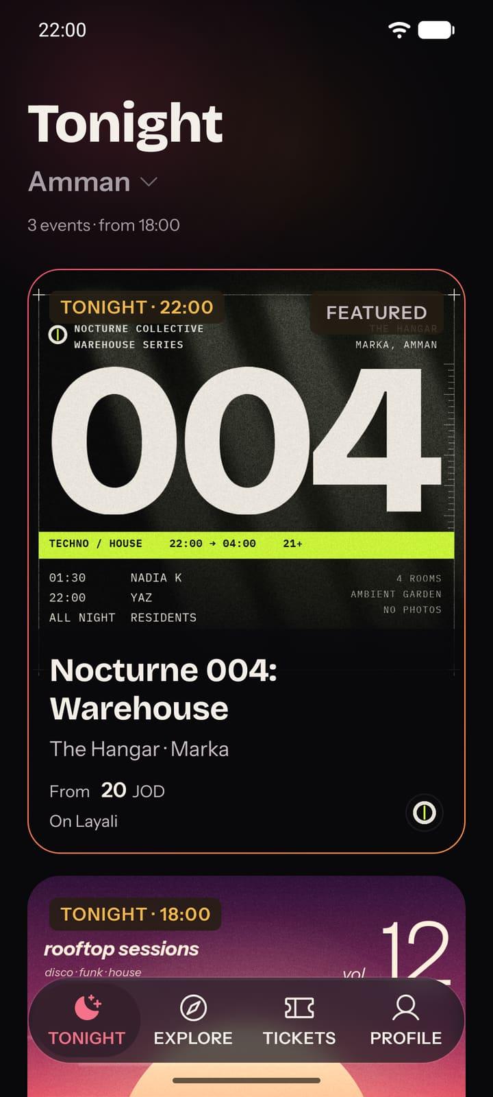 The Tonight screen in the Layali app: three events in Amman tonight, from 18:00, led by Nocturne 004 at The Hangar.